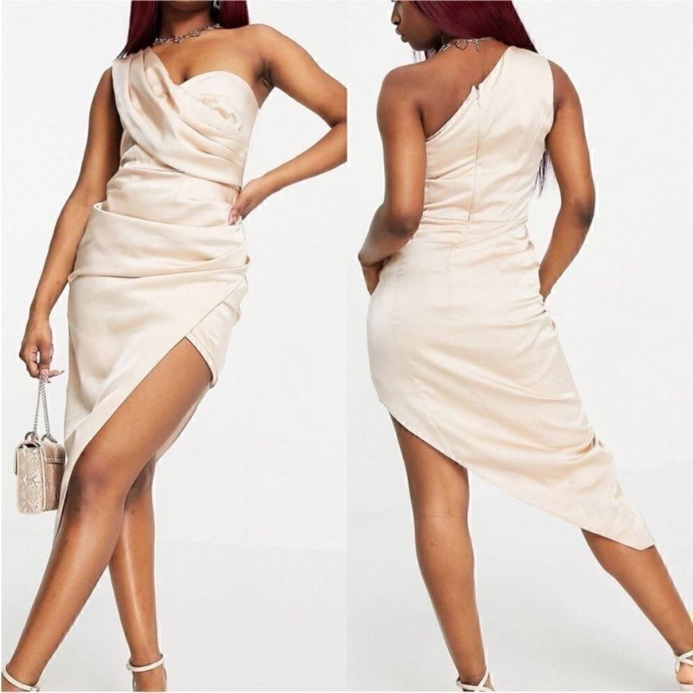 Lavish Alice NWT ONE-SHOULDER FAUX WRAP DRESS IN CHAMPAGNE Size 2
